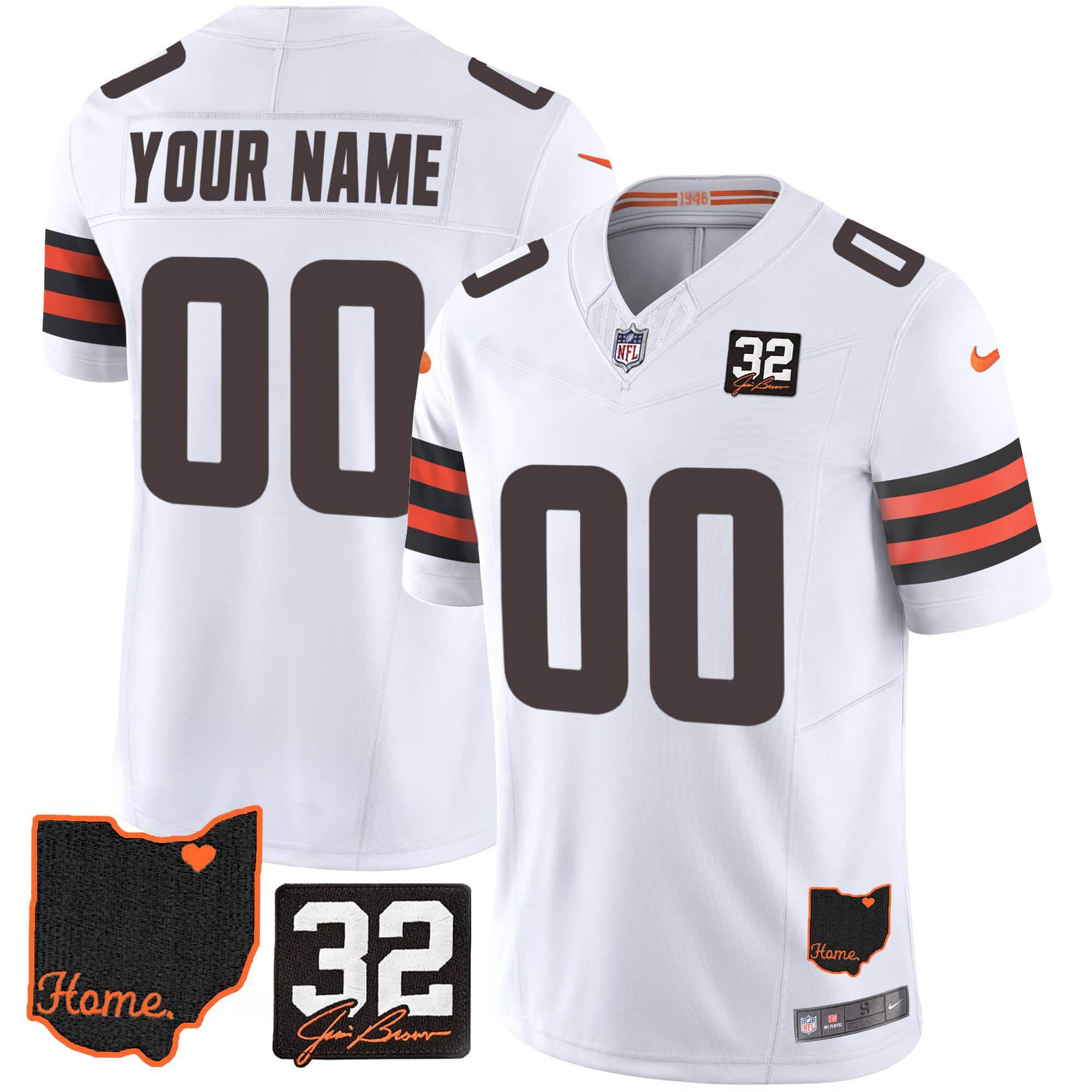 Men Cleveland Browns White #32 Jim Brown Memorial Home Patch Custom 2024 Nike NFL Jersey